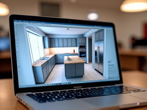 A computer screen showing a detailed 3D rendering of a modern kitchen layout.