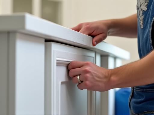An installer carefully fitting a cabinet door in a new kitchen.
